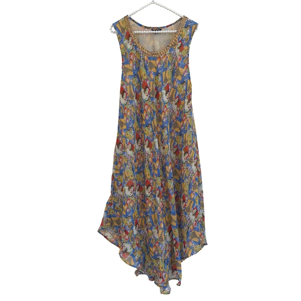 Ana & Rose Boho IndieGraphic Print Handkerchief Hem Gold Sequin Midi Dress OS